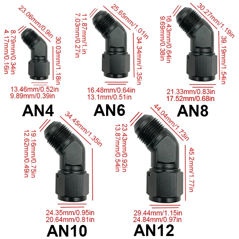 4X accesorios de combustible de aceite adaptador de manguera de combustible de aluminio anodizado 45 90 grados hembra 4AN 6AN 8AN 10AN 12AN adaptadores giratorios a macho negro