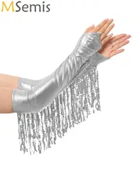 Adult Sequined Tassel Gloves Metallic Shiny Elbow Length Fingerless with Long Gloves Party Mittens for Stage Opera Cosplay