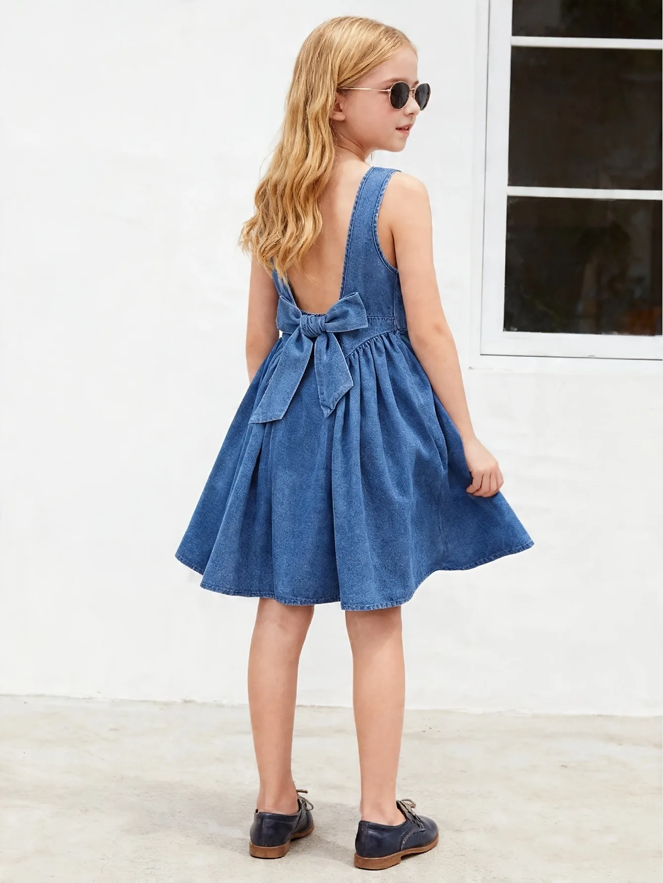 Comfy Kids Girls Denim Dress, Soft Lightweight Fabric Sleeveless Pleated A-Line Dress for Daily & Play
