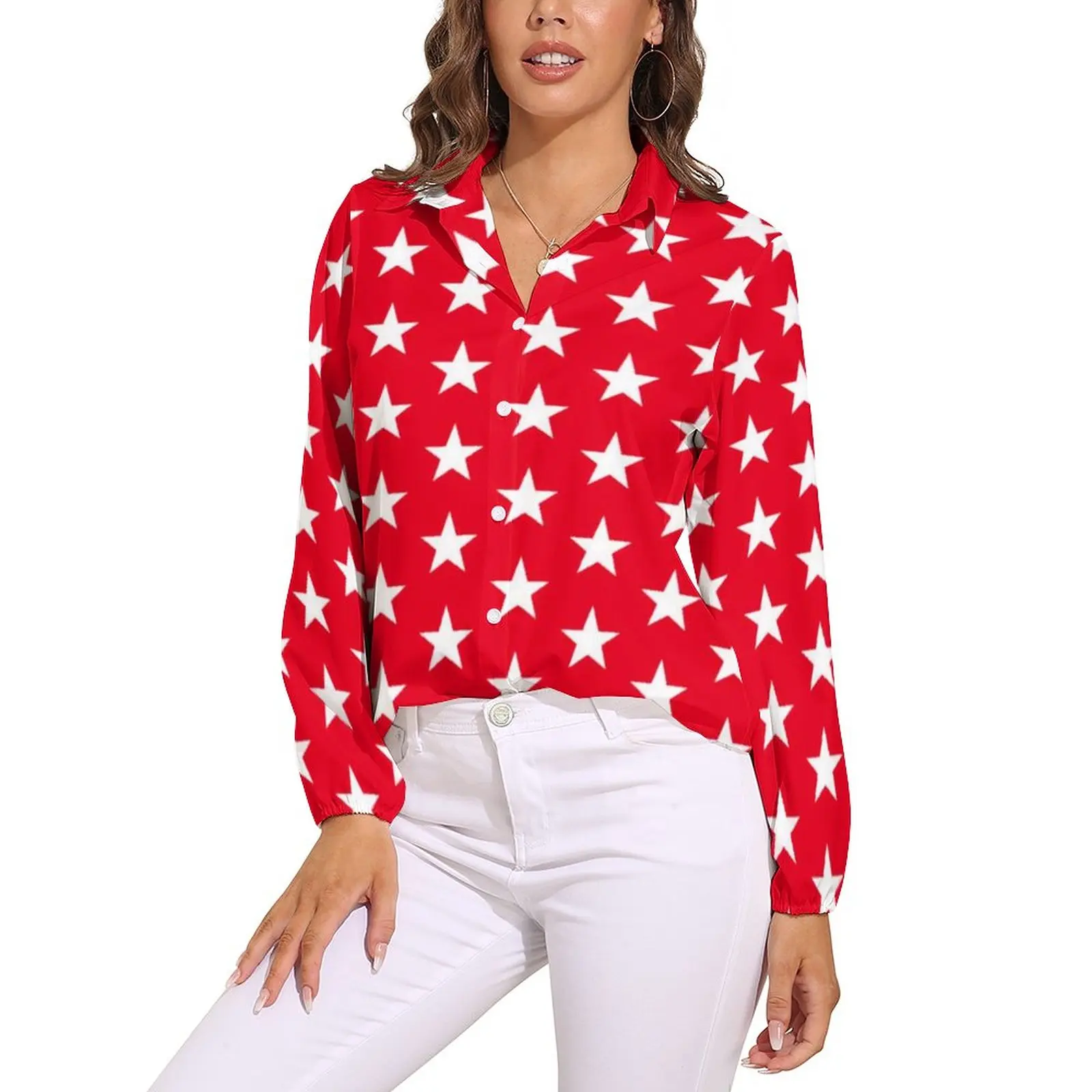 White Red Star Blouse Athletic July 4th Stars Print Pretty Pattern Blouses Womens Long Sleeve Simple Shirts Spring Oversize Top