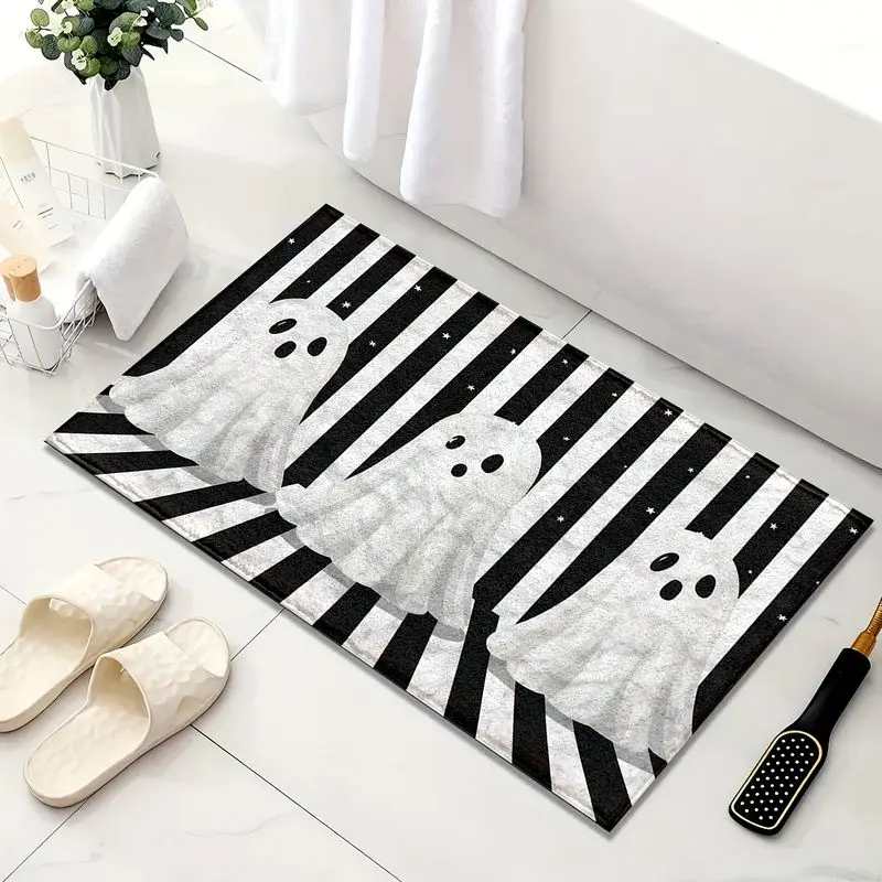 VIKAMA Spooky Halloween Doormat Ghost Black White Stripe Washable Non‑Slip Floor Mat For Front Porch Household Decoration
