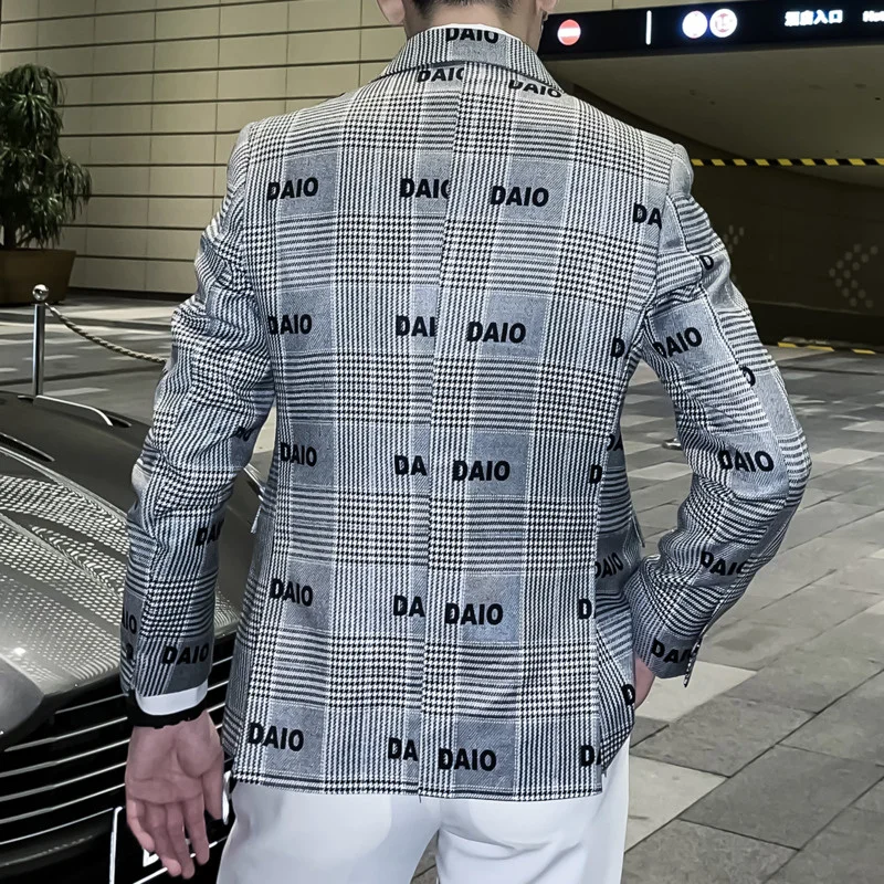 Blazer Hombre Letter Italian Print Blazer Men 2023 Fall Lattice Men Blazer Jacket Slim Fit Party Prom Club Pattern Blazer Homme