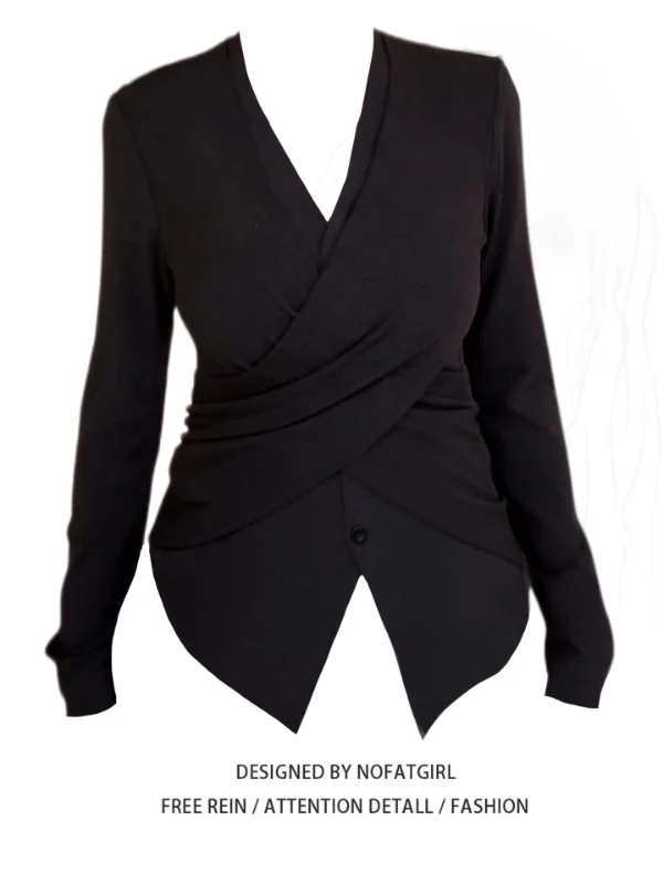 

plus Size Women's Slim Fit T-irt Bla V-Ne Cross Design Irregular Base Layer Top for Autumn Winter New Sle Korean Sle