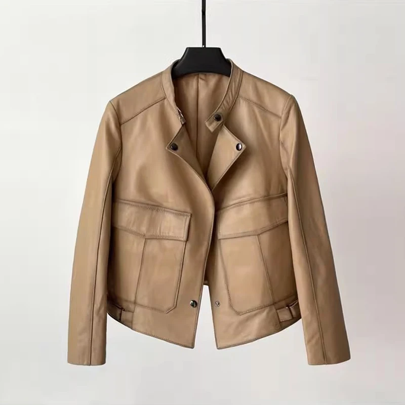100% cuir véritable femmes vestes courtes décontractées mode vin rouge poches Cargo femme col montant en peau de mouton Moto vestes manteaux