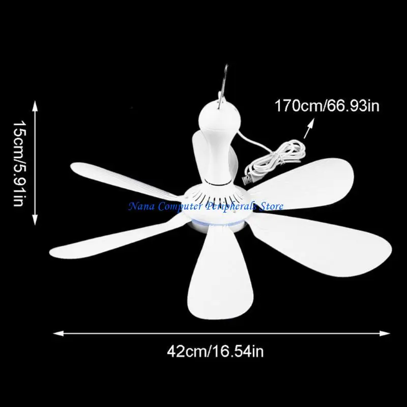 F68C Ventilador techo silencioso con dosel alimentado por USB 6 hojas Temporizador 2/4/8 horas Ventilador USB 4