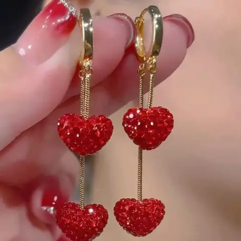 Luxury Full Rhinestone Heart Fringed Earrings for Women Sweet Cute Red Ball Tassel Long Earrings Girls Daily Party Jewelry Gift