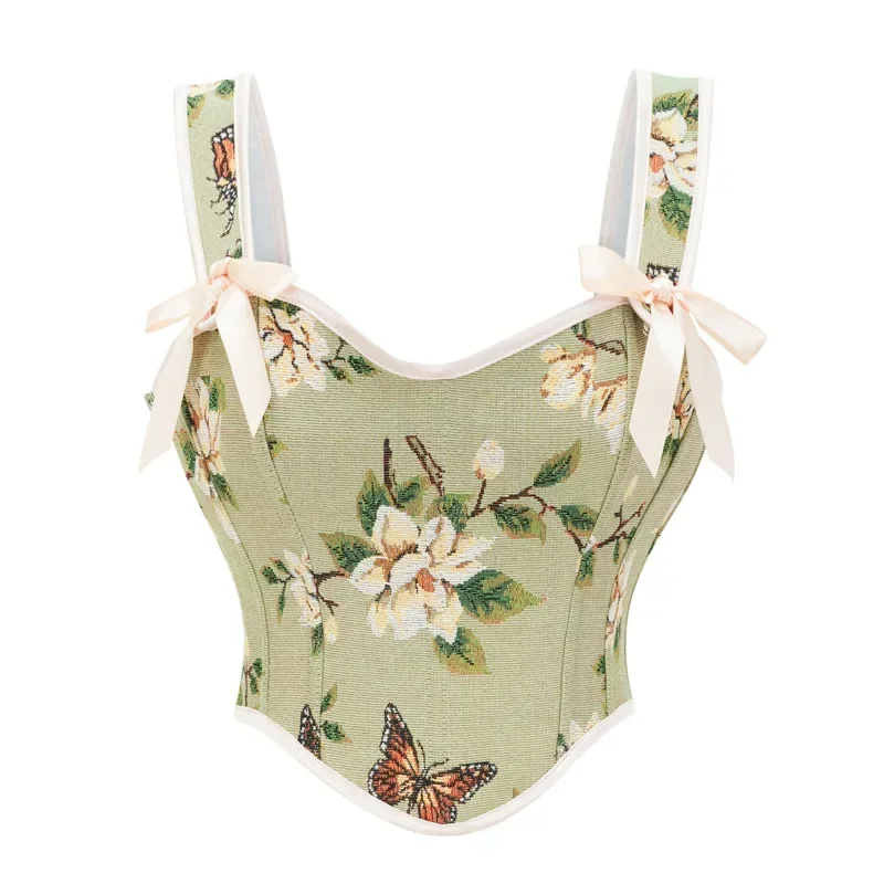 Vintage Women Bustier Vest Corset Sexy Lace-Up Floral Print Crop Top Fashion Backless Lingerie Camisole Corselet Plus Size