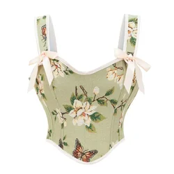 Vintage Women Bustier Vest Corset Sexy Lace-Up Floral Print Crop Top Fashion Backless Lingerie Camisole Corselet Plus Size