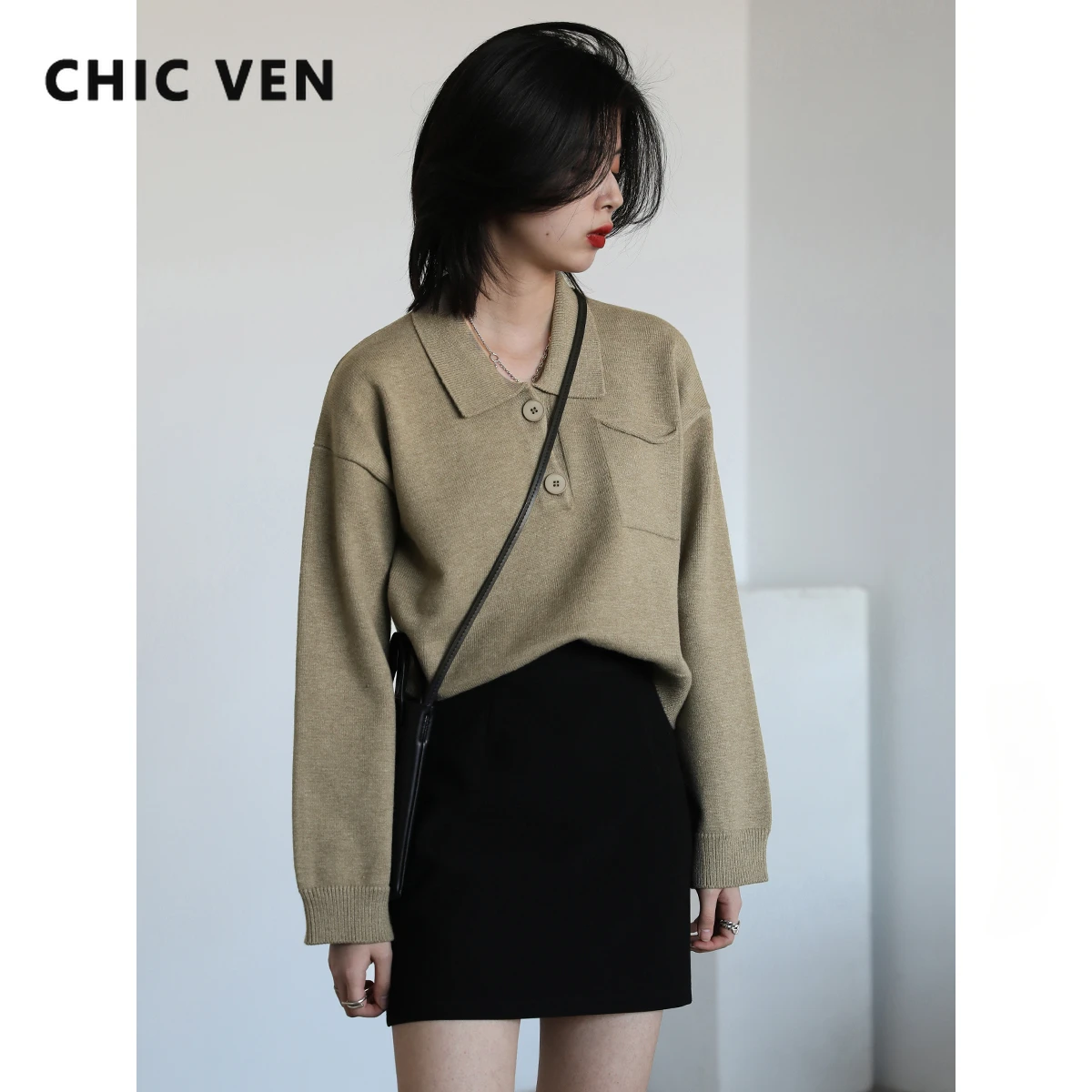 CHIC VEN Fashion Vintage Polo Collar Short Sweater Solid Straight Women\'s White Jumpers Office Lady Pullovers Spring Autumn 2022