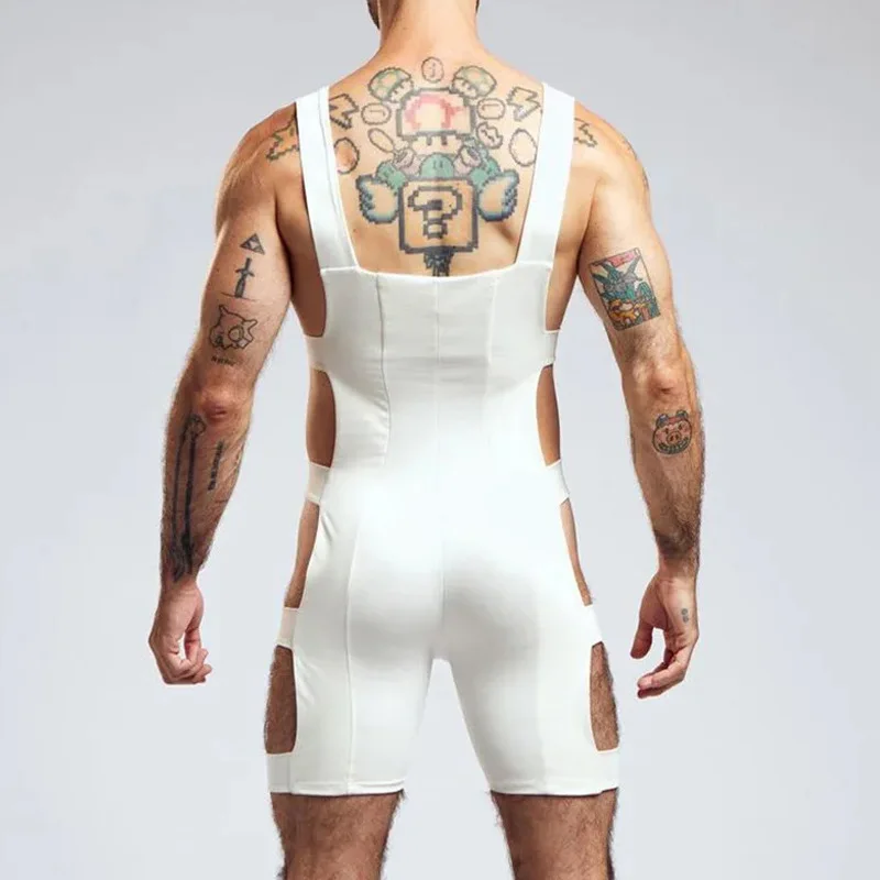 Sexy Hollow Out Slim Elastic Jumpsuits Men Summer Fashion Solid Color Shorts Bodycon Mens Nightwear Stylish Sleeveless Bodysuits