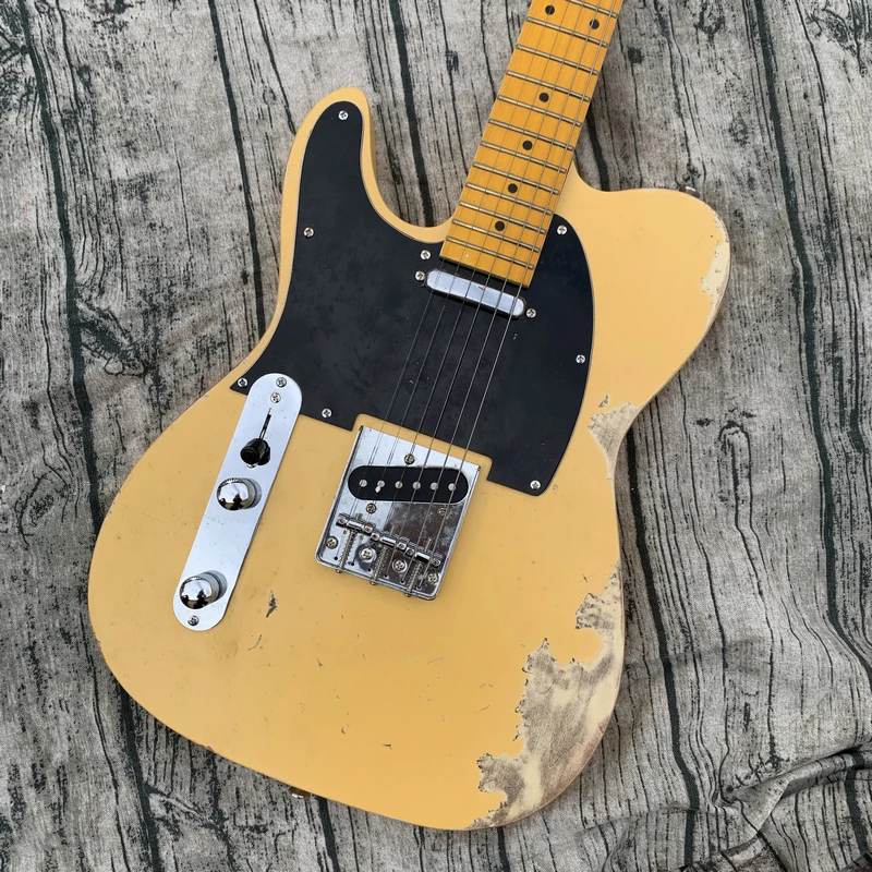 Left Hand Electric Guitar Tel light yellow Body Rosewood Fingerfrets Fixed Bridge Black Pickguard Factory Custom