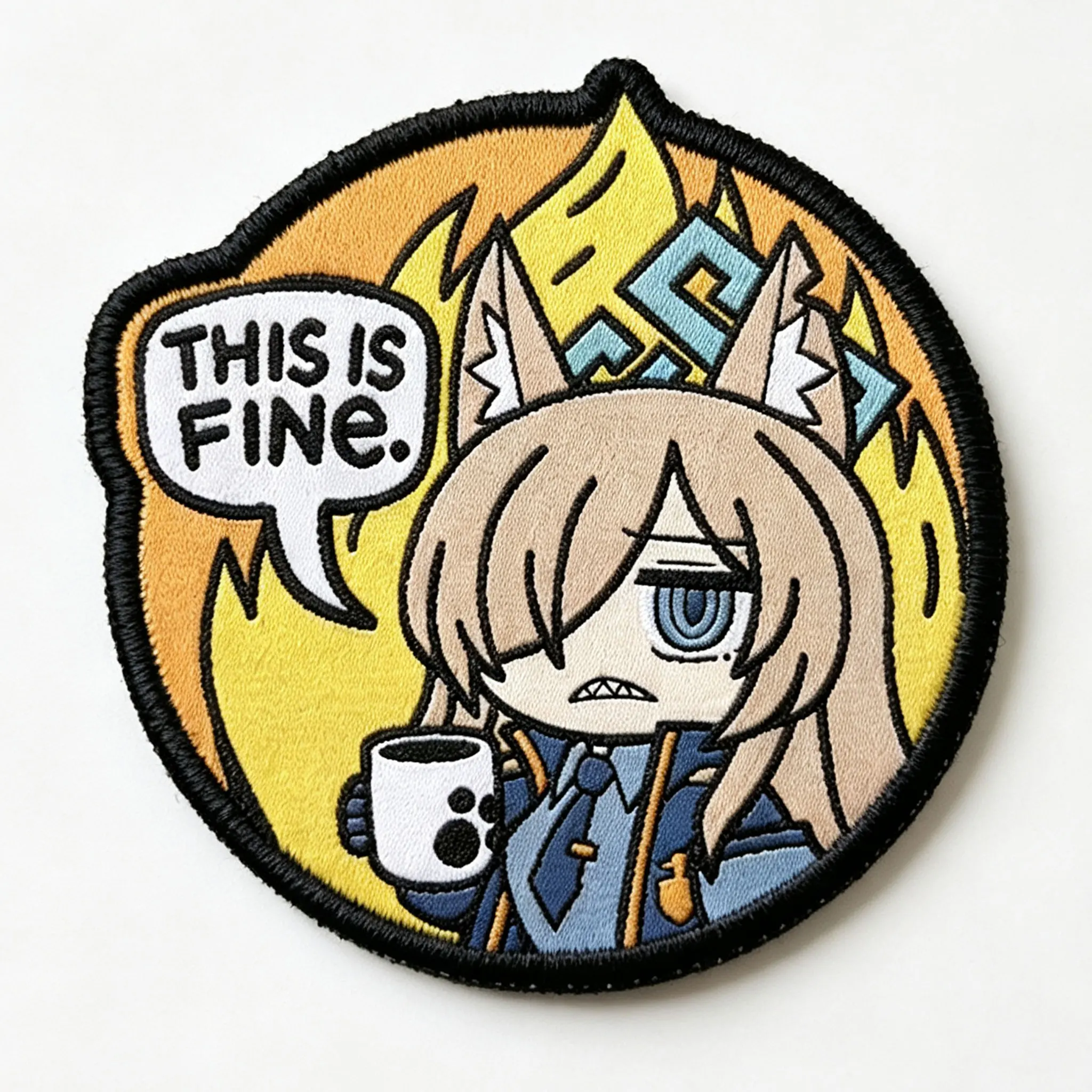 Blue Archive Tsurugi Kana Morale Patch, This Is Fine Meme Woven Hook & Loop Patch for Backpack Vest Hat Anime Collectible Badge