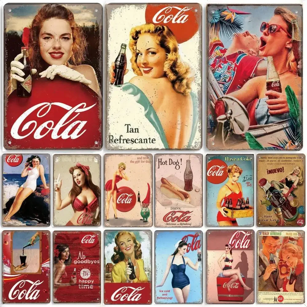 Vintage Cola Pin-Up Girls Metallposter Blechschilder Retro Wandkunst Deko für Bar, Pub, Garage, Club, Männerhöhle, Café