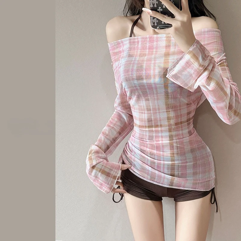 

sexy Kpop conservative bikinis sets three pieces coffee bikini shorts with pink plaid long sleeve smock swimsuit biquini