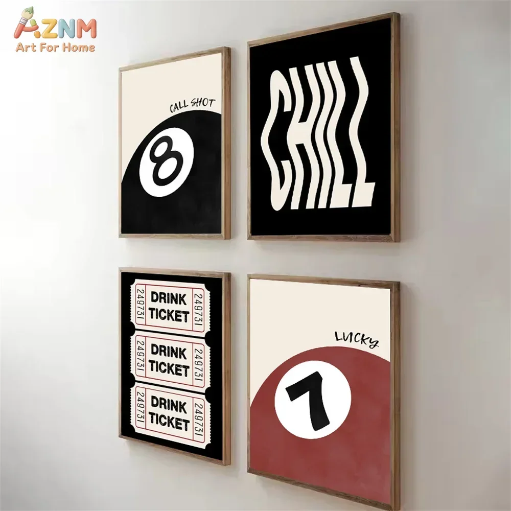 AZNM 8 Ball Call Shot Frameless Canvas Print, Minimalist Billiards Black Beige Poster for Game Room Bar Living Room Wall Decor