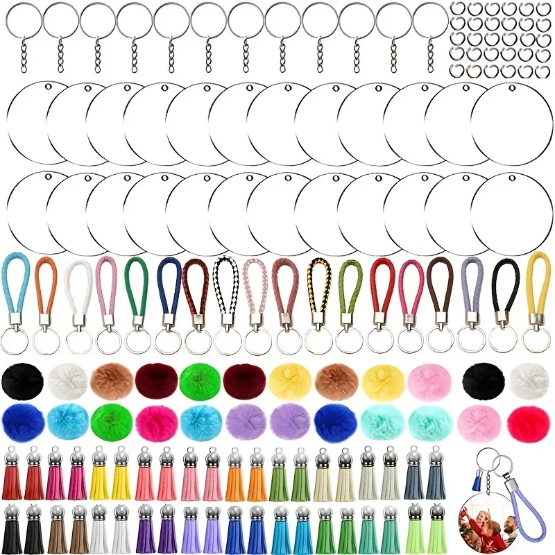 126Pcs Acrylic Keychain Blanks with Tassels Kit Bulk, Various Shapes Transparent Acrylic Key Chain Embryo Accessories, Snap Hook