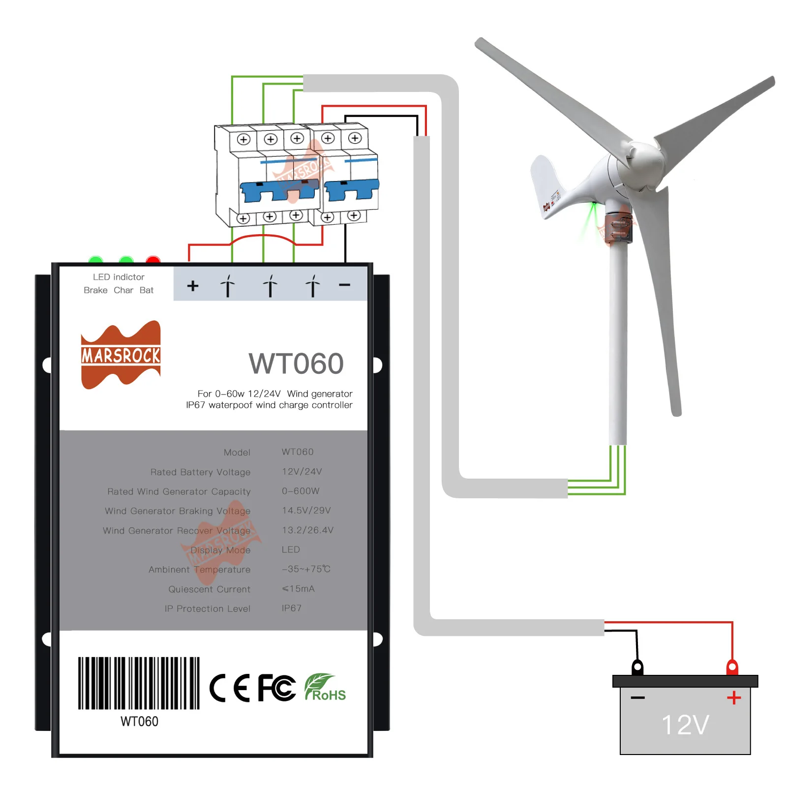 

600W Wind PWM Controller 12 24V Auto DC Wind Power Charger For Wind Turbine Generator Regulator Windmill Water Proof IP67 System