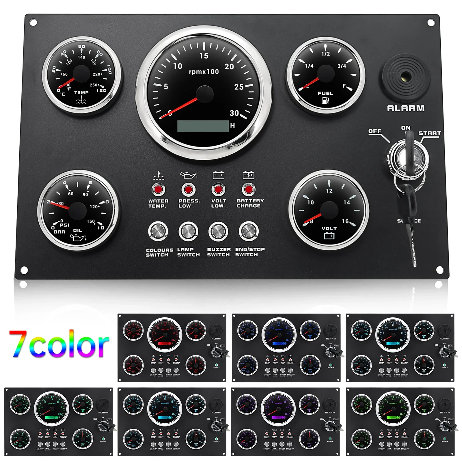 7 LED Backlight Boat Dashboard 12v Switch Panel 3000rpm Tachometer with Water Temperature Oil Pressure 8-16v/16-32v Voltmeter