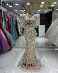 Luxury Pearls Evening Dresses Arabic Tassel Shoulder Prom Gowns Robes De Soiree Custom Made Cocktail Party Dress Kaftans 2024