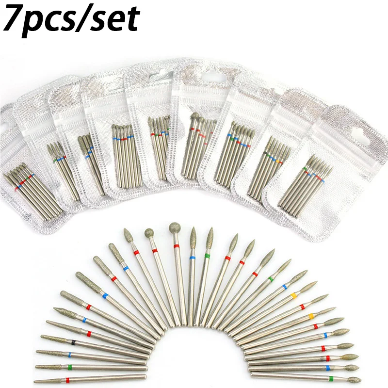 Set di punte per trapano per unghie diamantate da 7 pezzi frese elettriche per cuticole 3/32 lima per unghie trapano per unghie in ceramica Pedicure Manicure strumenti per unghie