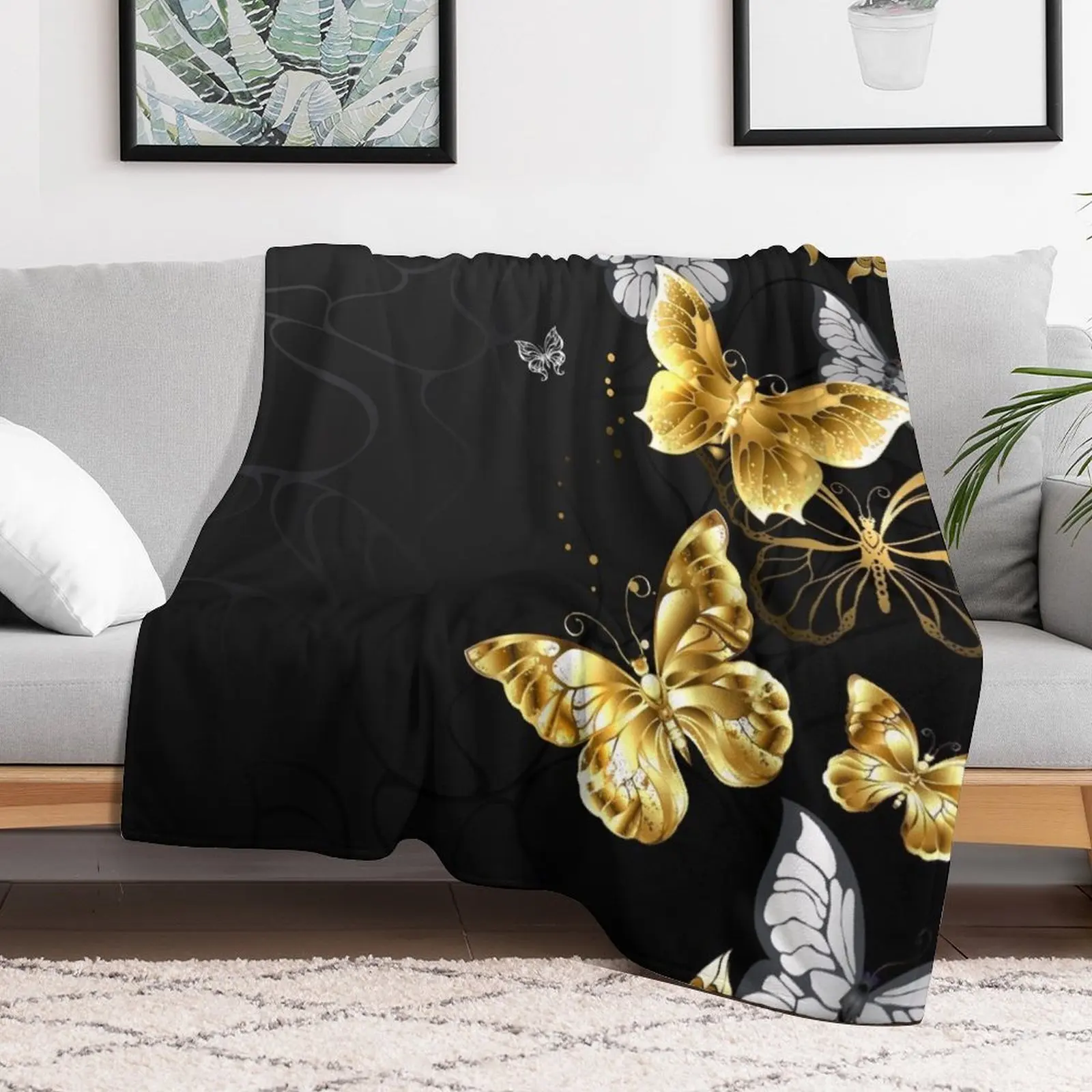 Gold and White Butterflies Throw Blanket Summer Beddings blankets ands Warm Luxury Throw Blankets