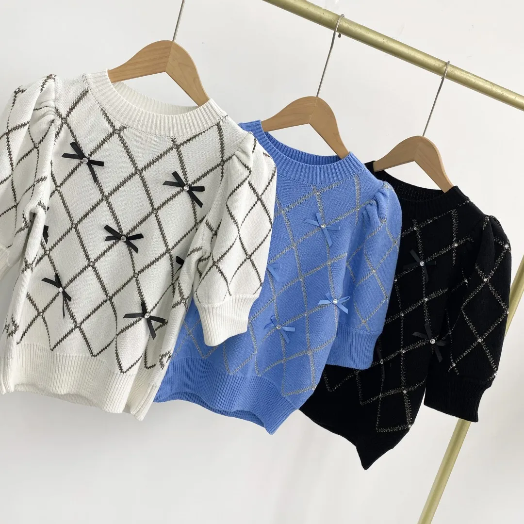 Kuzuwata Sweet O Neck Puff Sleeve Elegant Jumper Bow Nail Bit All-match Patchwork Pullovers Japan New Knit Plaid Moda Sweaters