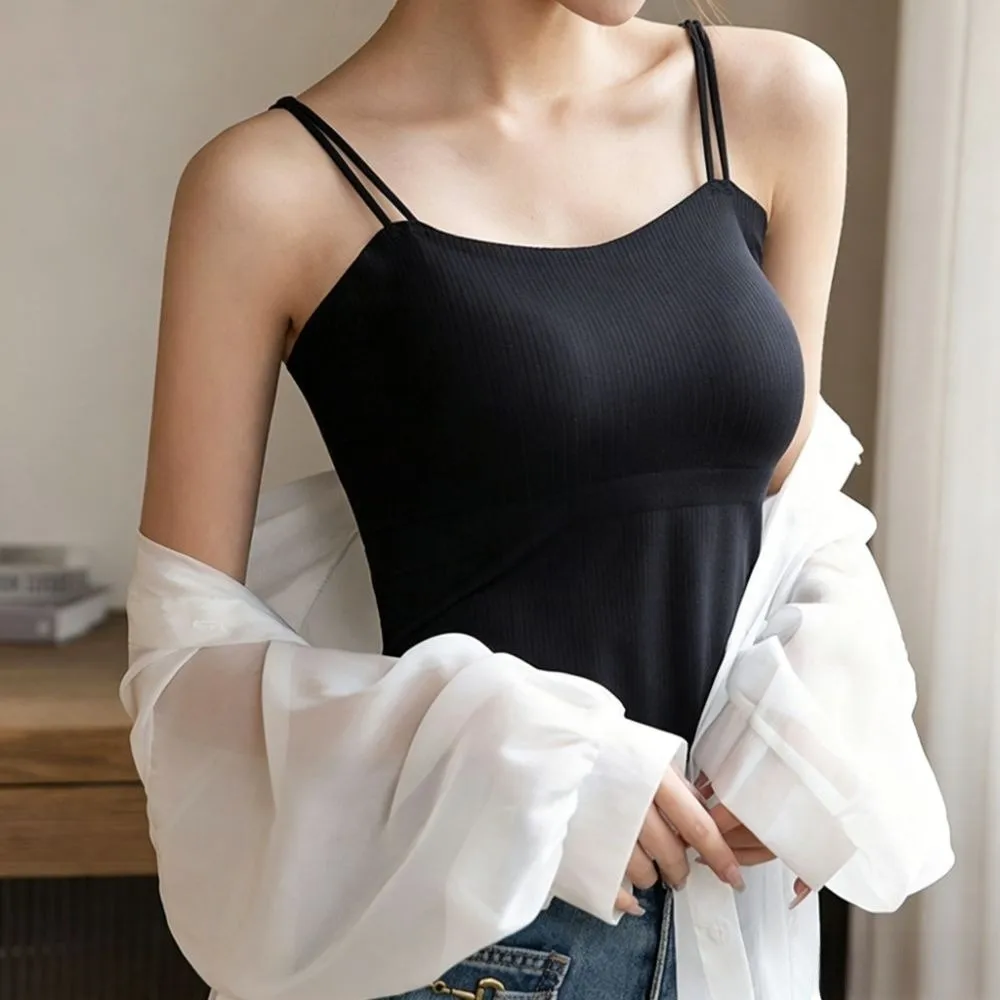 New Ice Silk Bra Vest Built-in Chest Pad Slim Fit Strap Tank Top Anti-light Breathable Women Camisole Outer Casual Wear