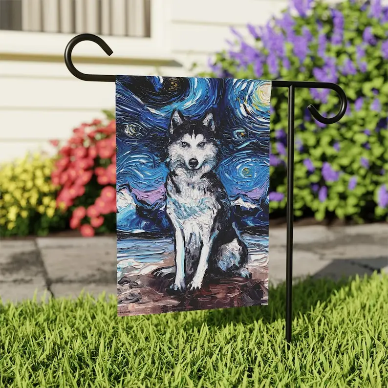Сибирский хаски, звездная ночь, двор и домик, флаги, двусторонняя печать, искусство от Aja, уличный декор, украшение для газона и сада