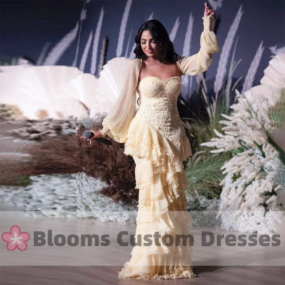 Blooms Customized Sweetheart Neckline Baby Yellow Lace Evening Dresses For Prom Ruffle Chiffon Long Sleeve Party Formal Dress