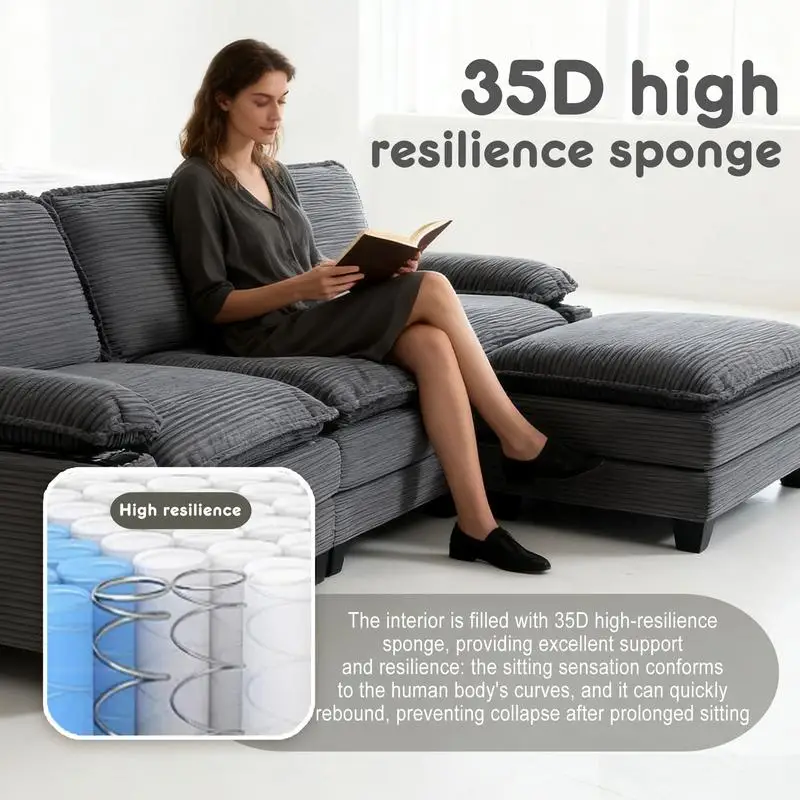 أريكة سروال قصير حديثة على شكل حرف L 3+1، أريكة مقطعية مع مسند، إسفنجة عالية الدقة ووسائد سميكة، حاملات أكواب و