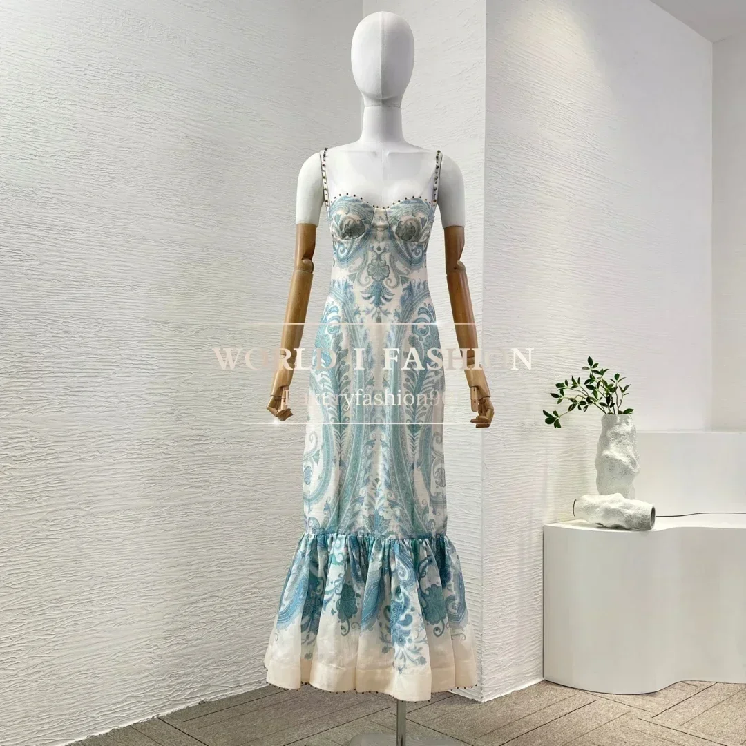 

Hem Ruffles Beading Midi Dress 2025 New Fashion Blue Paisley Print Sleeveless Mermaid