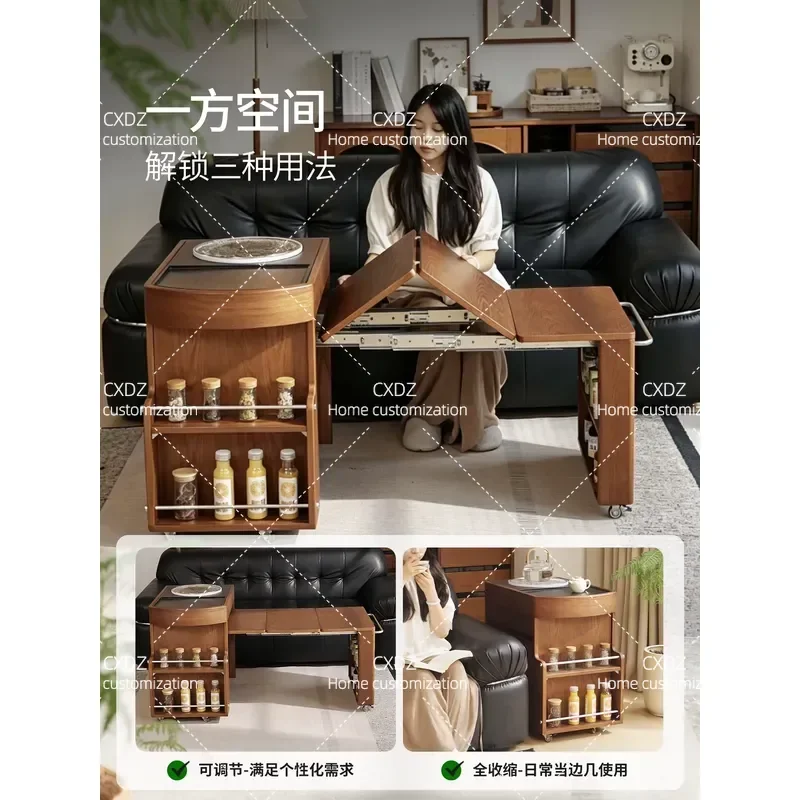 Wooden Folding Tea Cart with Induction Cooker Mobile Tea Table for Balcony Home Brewing Stove Portable Tea Making Station