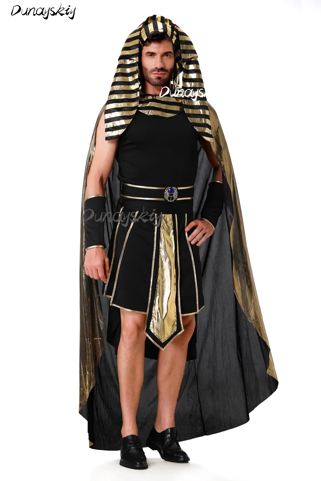 고대 이집트 파라오 코스프레 의상 세트 드레스 망토 모자 블랙 골드 할로윈 파티 성인 남성 여성을위한 Costumized 복장