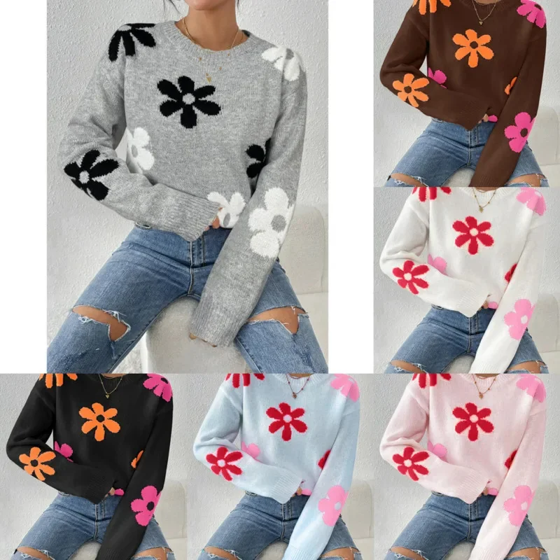 Suéter feminino de malha de flores, manga comprida, pulôver com o pescoço, solto, cores contrastantes, embutidos, outono, inverno, novo