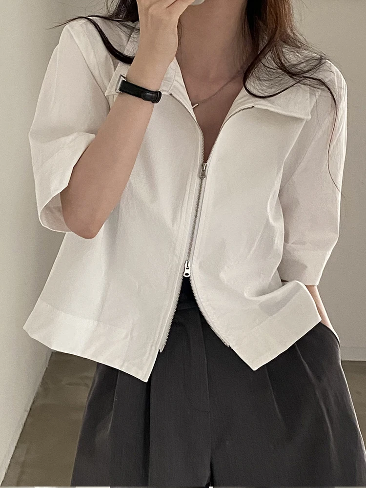 

Summer Slimming Meat Concealing Women's Shirt Chic Retro Collar Zipper Design High-End Short Sleeve Neck Pullover