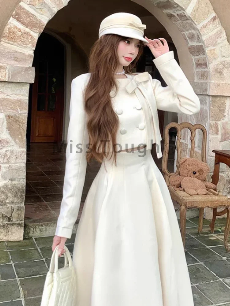 Autumn Winter France Slim Bow 2-piece Set Women Fashion Elegant Long Sleeve Solid Short Tops + Thin High Waist A Line Long Skirt