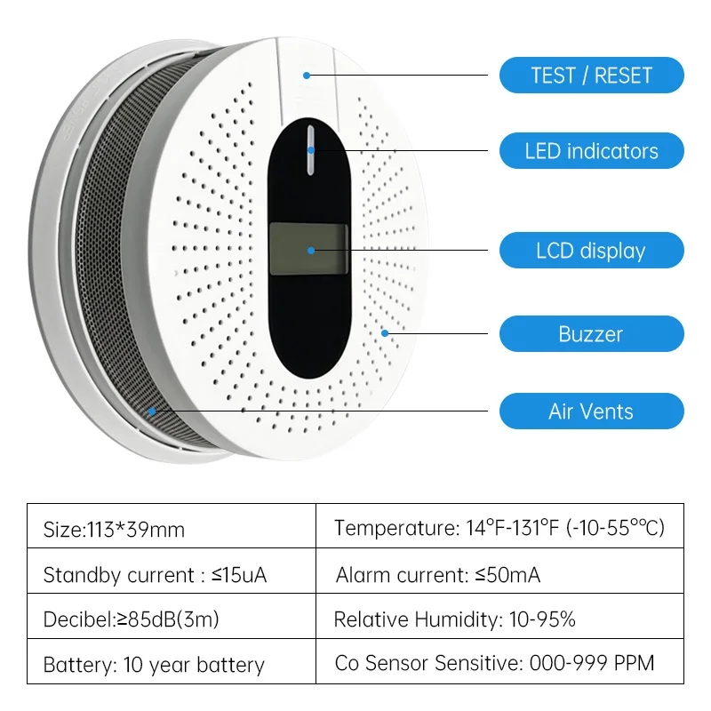 2 in 1 Smoke and Carbon Monoxide Detector,Security Protection,	 Fire Alarm,LCD Display,10-year Smoke Sensor,Low Battery Warning