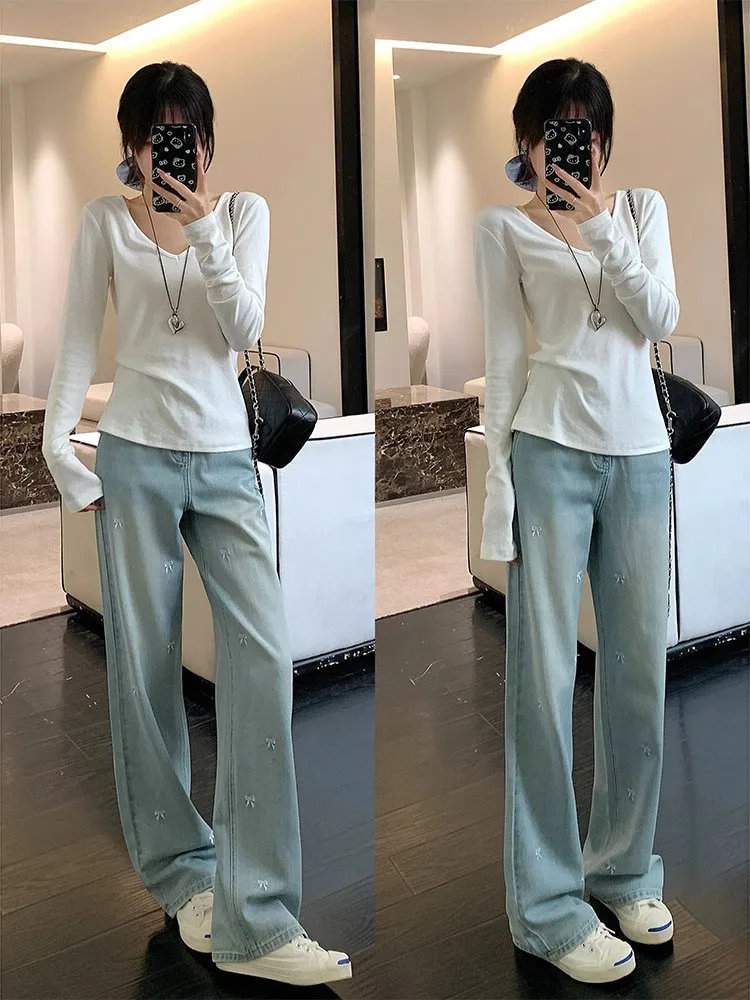 

Большие размеры, узкие широкие джинсы с вышивкой, женские свободные драпированные прямые брюки длиной до пола с высокой талией, повседневные джинсовые брюки