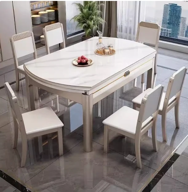 Solid wood rock slab dining table and chair combination modern simple household small apartment folding retractable round table