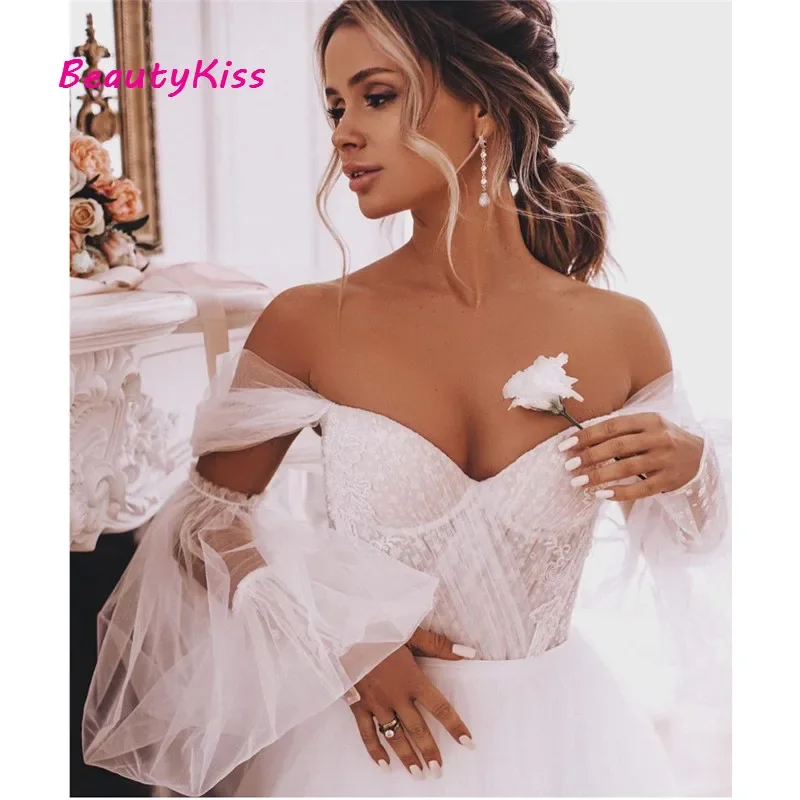 Sweet Boho Wedding Dresses Detachable Long Puff Sleeve Bride Dress Vintage Lace Beach Wedding Gowns Plus Size Corset Back