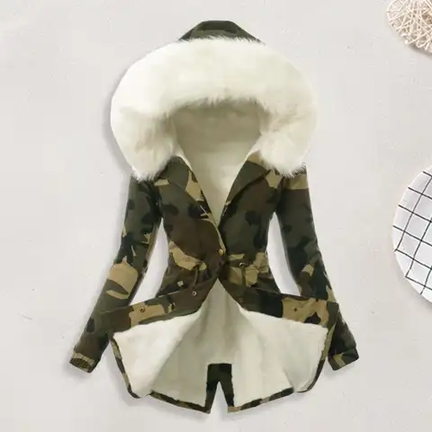 Women Winter Windproof Mid Length Jacket Faux Fur Fleece-lined Down Coat Camouflage Print Slim Fit Outerwear