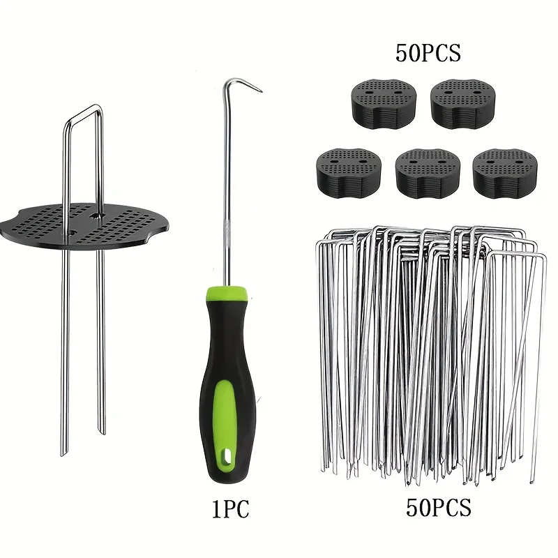 101pcs Garden Stakes Set - U-shaped Galvanized Landscape Staples With Plastic Fixing Washers And Installation Hook Tool For Weed