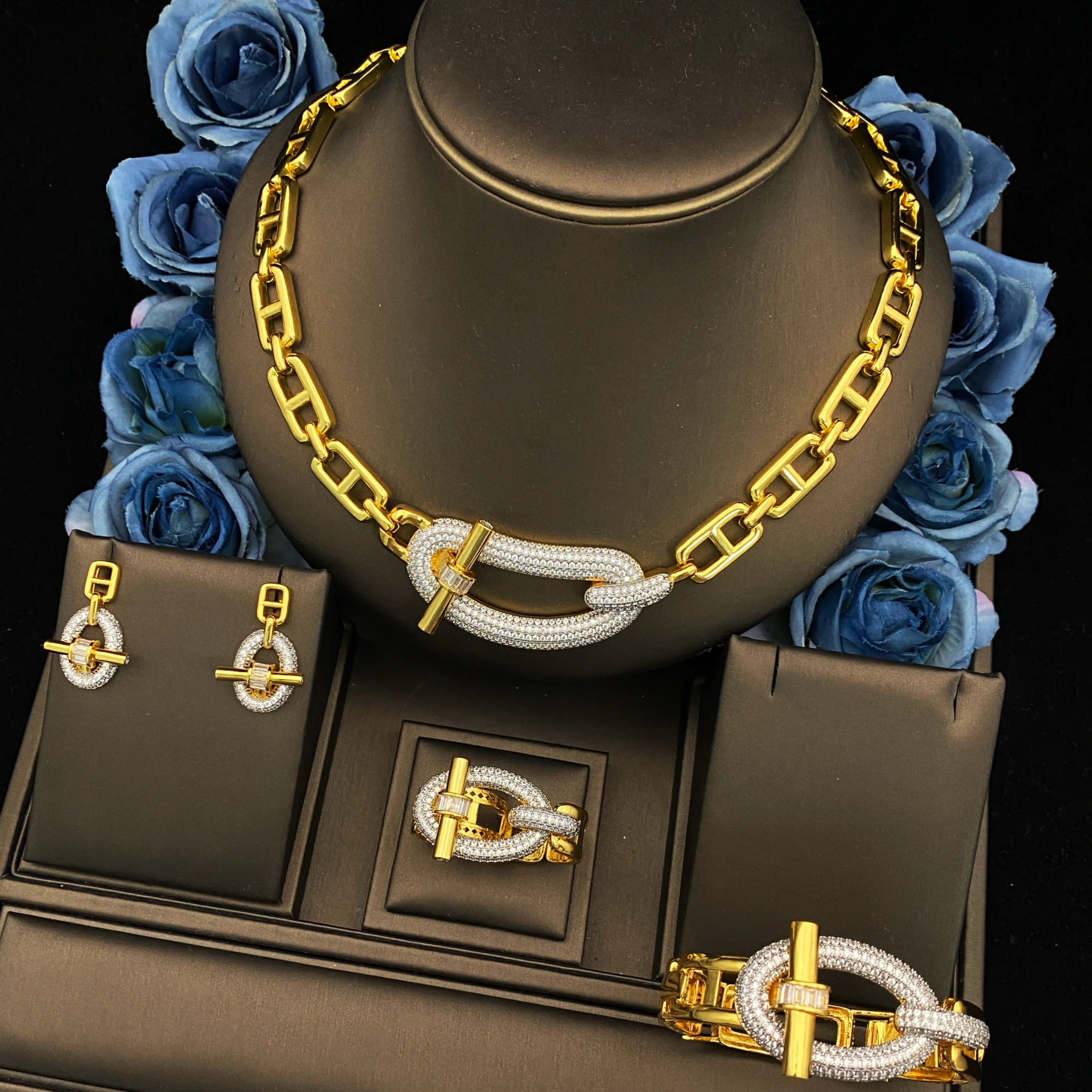 

JRH Роскошный комплект ювелирных изделий из 4 предметов для женщин, позолоченное циркониевое ожерелье, серьги, браслет, кольцо, подарок на день рождения