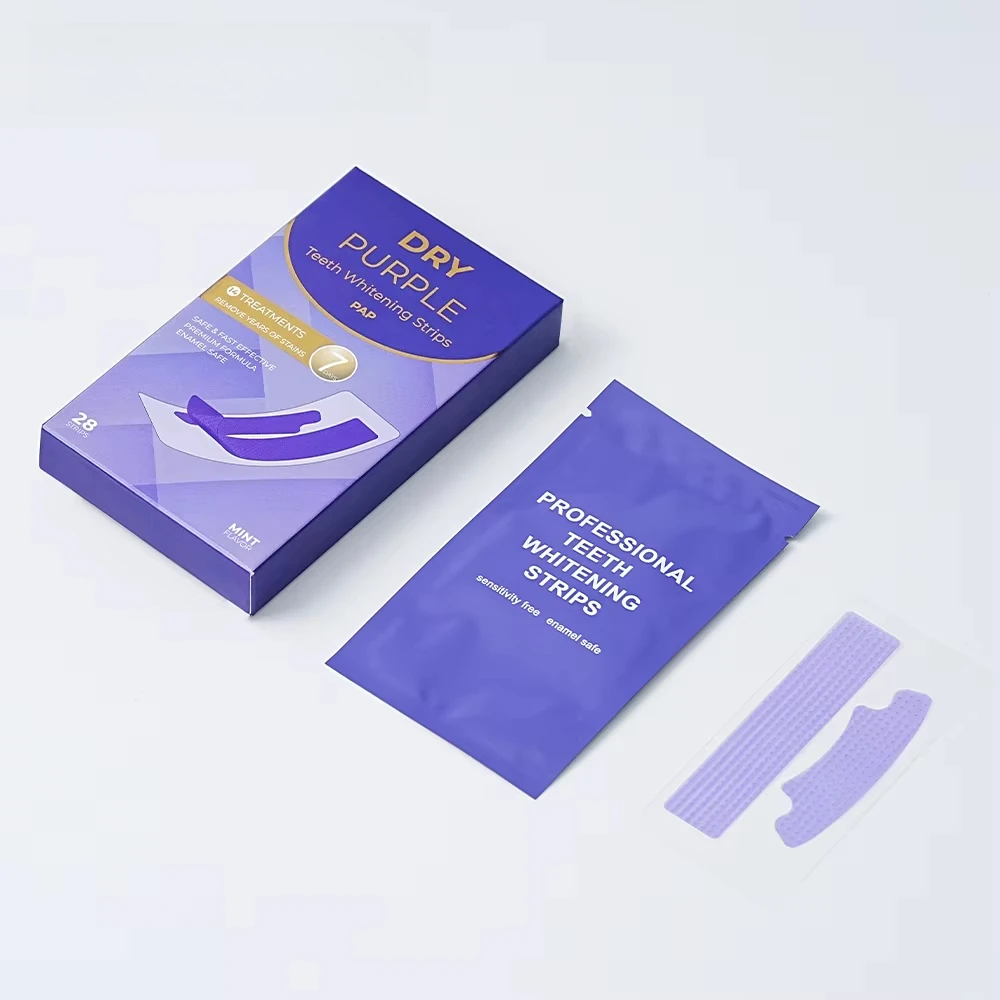 MOQ 5 Boxes,14 Pairs 28 Strips Per Box, 2025 Certified Private Label 5D Purple Dentas Strips, Organic Dentas Strips for Home Use