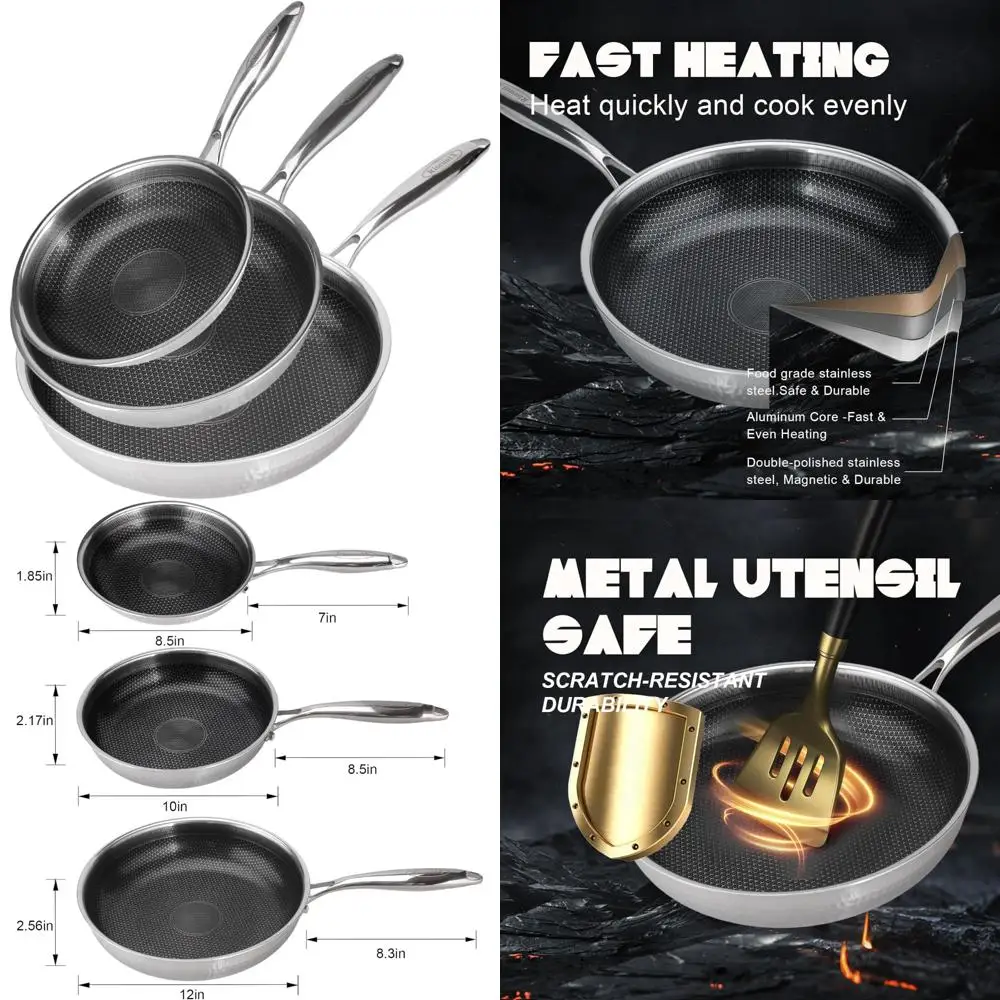 

Stainless Steel Nonstick Skillet Set - 8, 10, and 12 Inch Frying Pans, PFOA-Free, Dishwasher and Oven Safe Cookware, Suitable fo