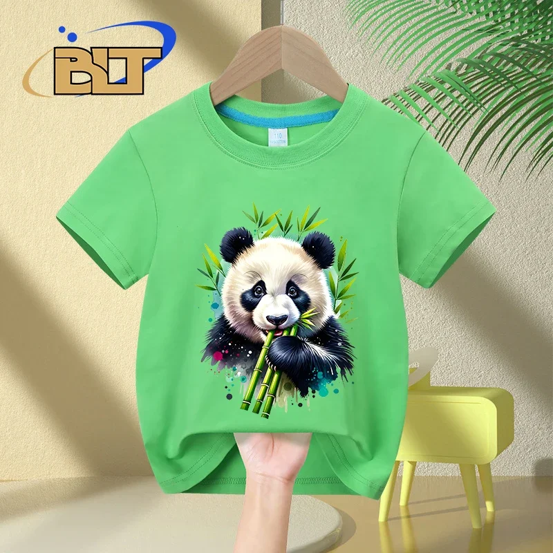 Watercolor Bamboo munching Panda print kids T-shirt summer children's cotton short-sleeved casual tops for boys and girls