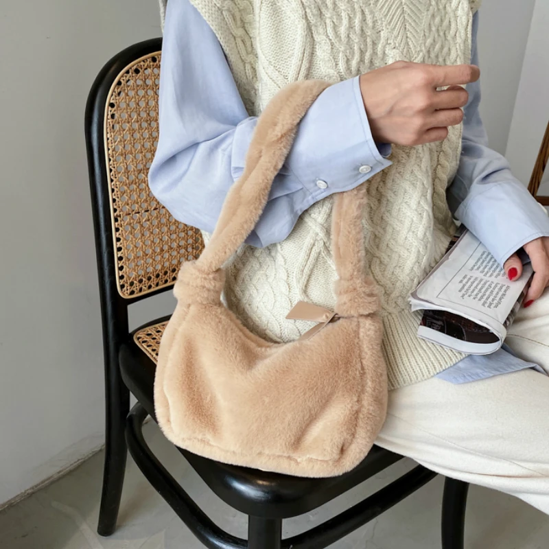 Shoulder Bags Women Winter Ladies Elegant Solid Female Underarm Fashion Simple All-match Soft Plush Hairy  Daily Popular image 4