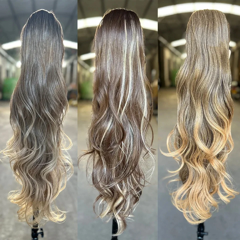 

28 Inch Long Wavy Ponytail Extensions 180g Synthetic Ponytail Hair T2-30 Ombre 613 Blonde Weave Ponytail Clip In Hair Extensions