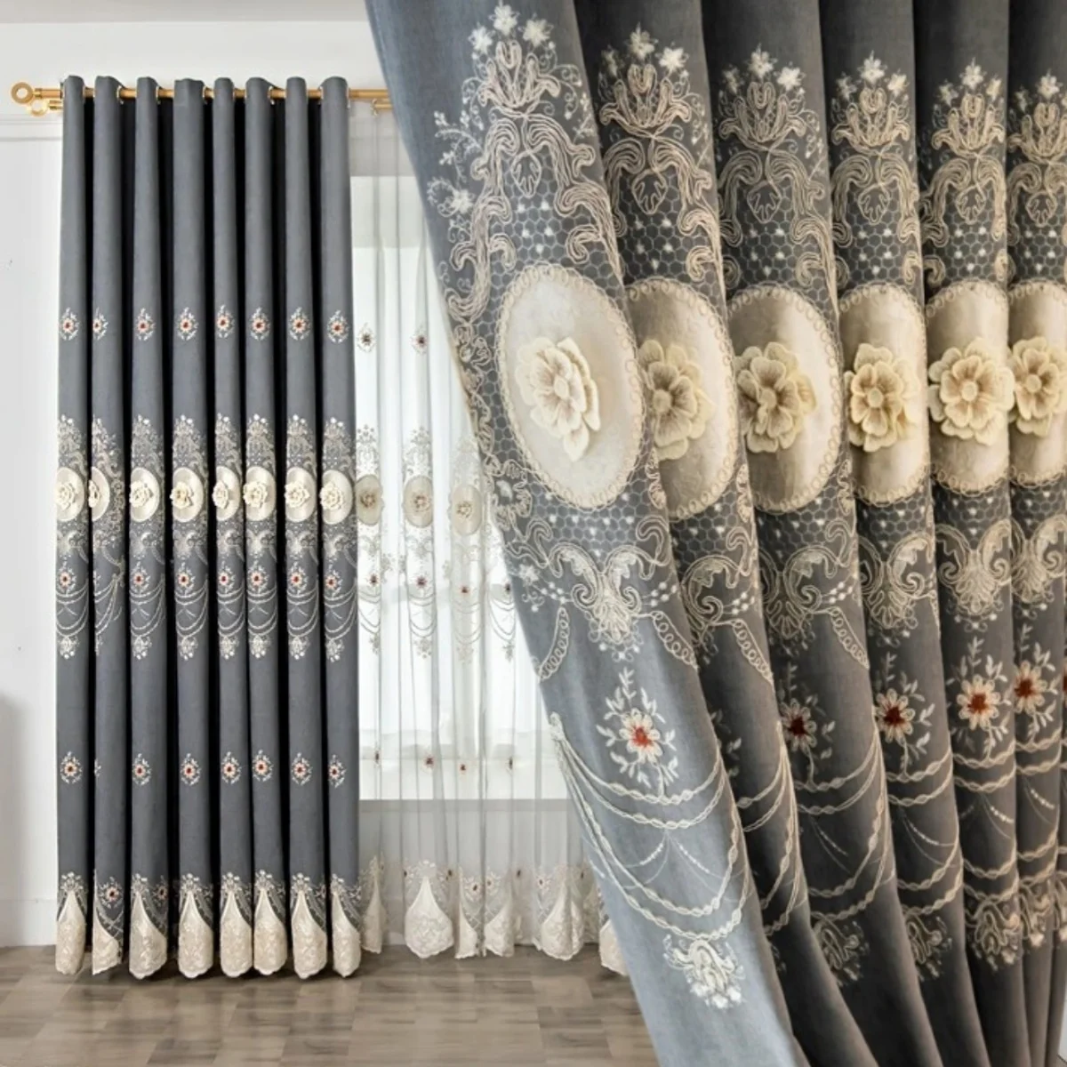 1pc European-style Curtains for Living Dining Room Bedroom Luxury High-grade Alpaca Embossed Embroidered Curtains Window Home