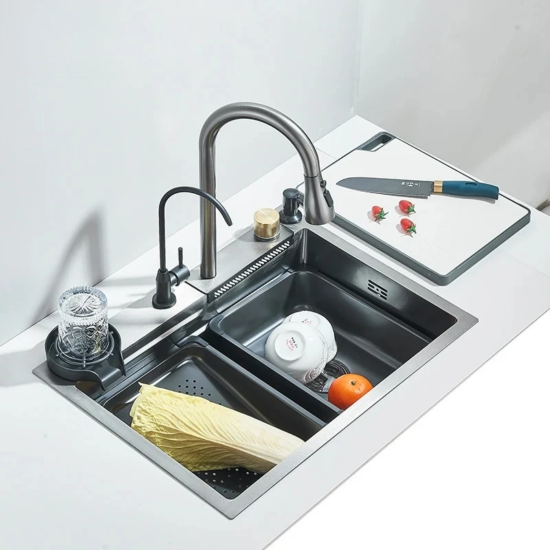 304 Stainless Steel Extra Large Single Slot Waterfall Kitchen Sink with Integrated Faucet Set